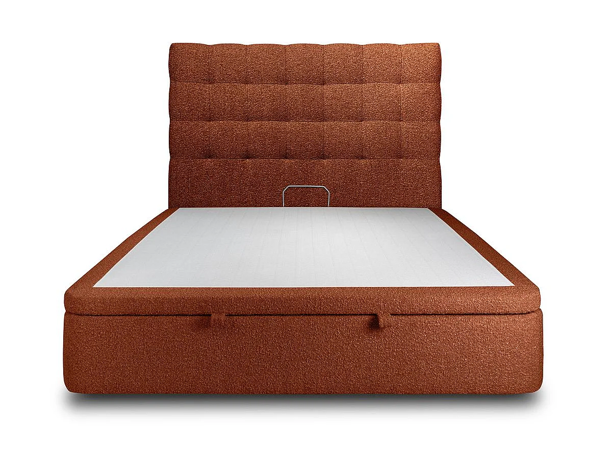 Lit coffre 160x200cm avec tête de lit capitonnée Bouclette Terracotta - Hauteur totale : 39cm