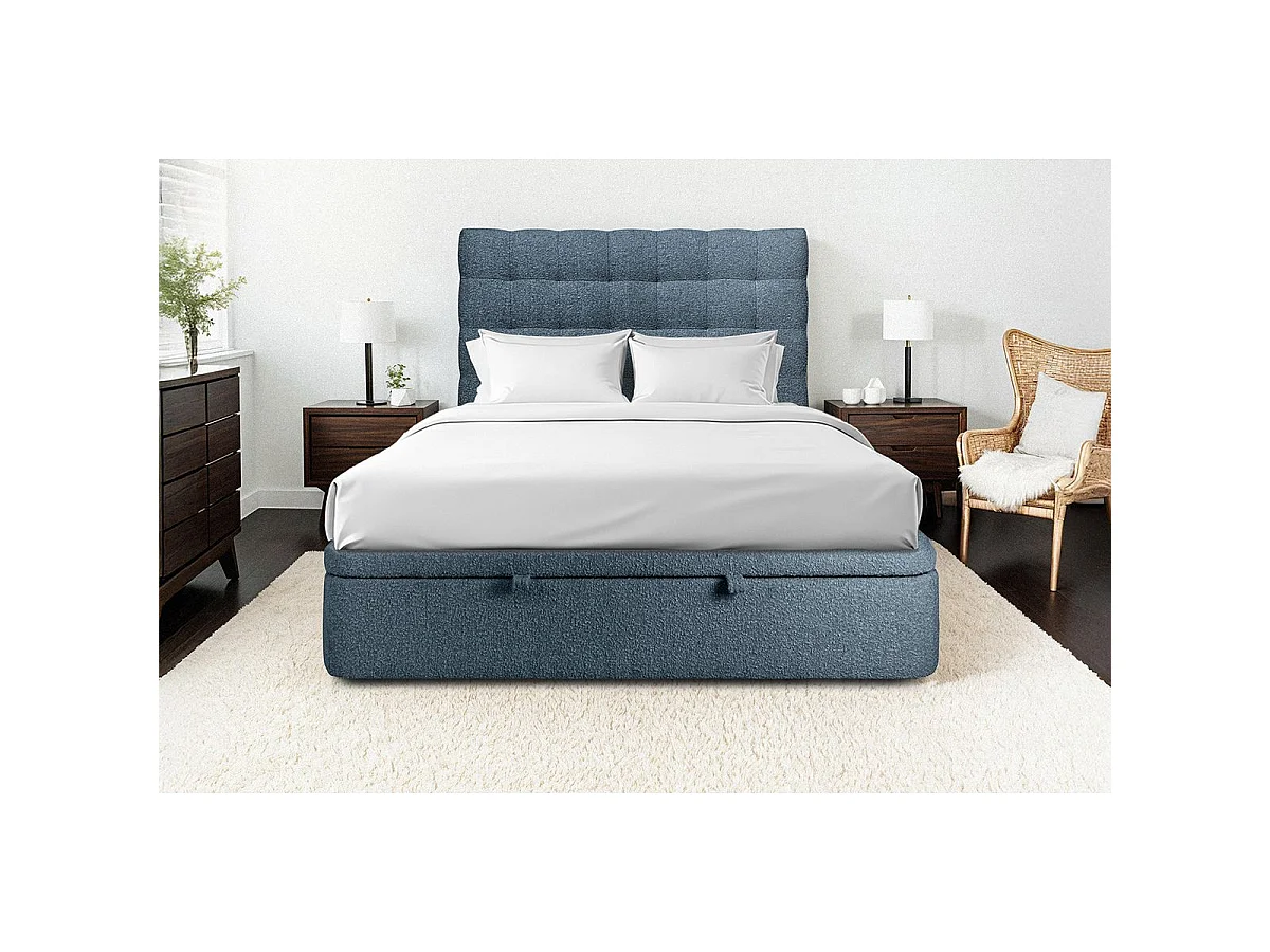 Lit coffre 180x200cm avec tête de lit capitonnée Bouclette Bleu - Hauteur totale : 39cm