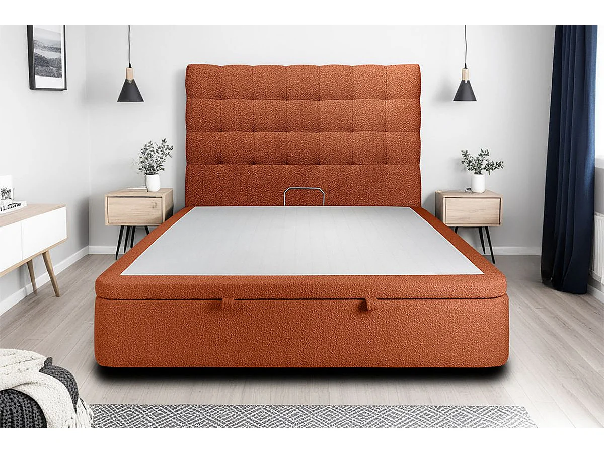 Lit coffre 140x200cm avec tête de lit capitonnée Bouclette Terracotta - Hauteur totale : 39cm