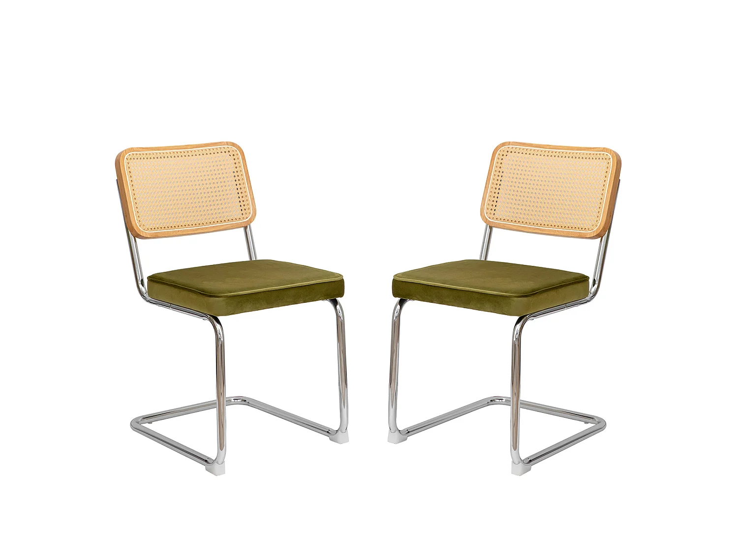 Lot de 2 chaises de salle à manger en rotin et velours - Pieds chromés - Vert