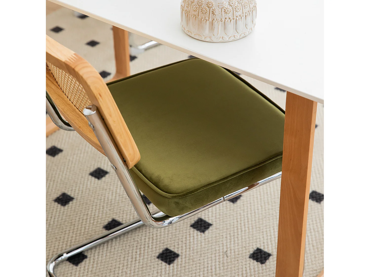 Lot de 2 chaises de salle à manger en rotin et velours - Pieds chromés - Vert