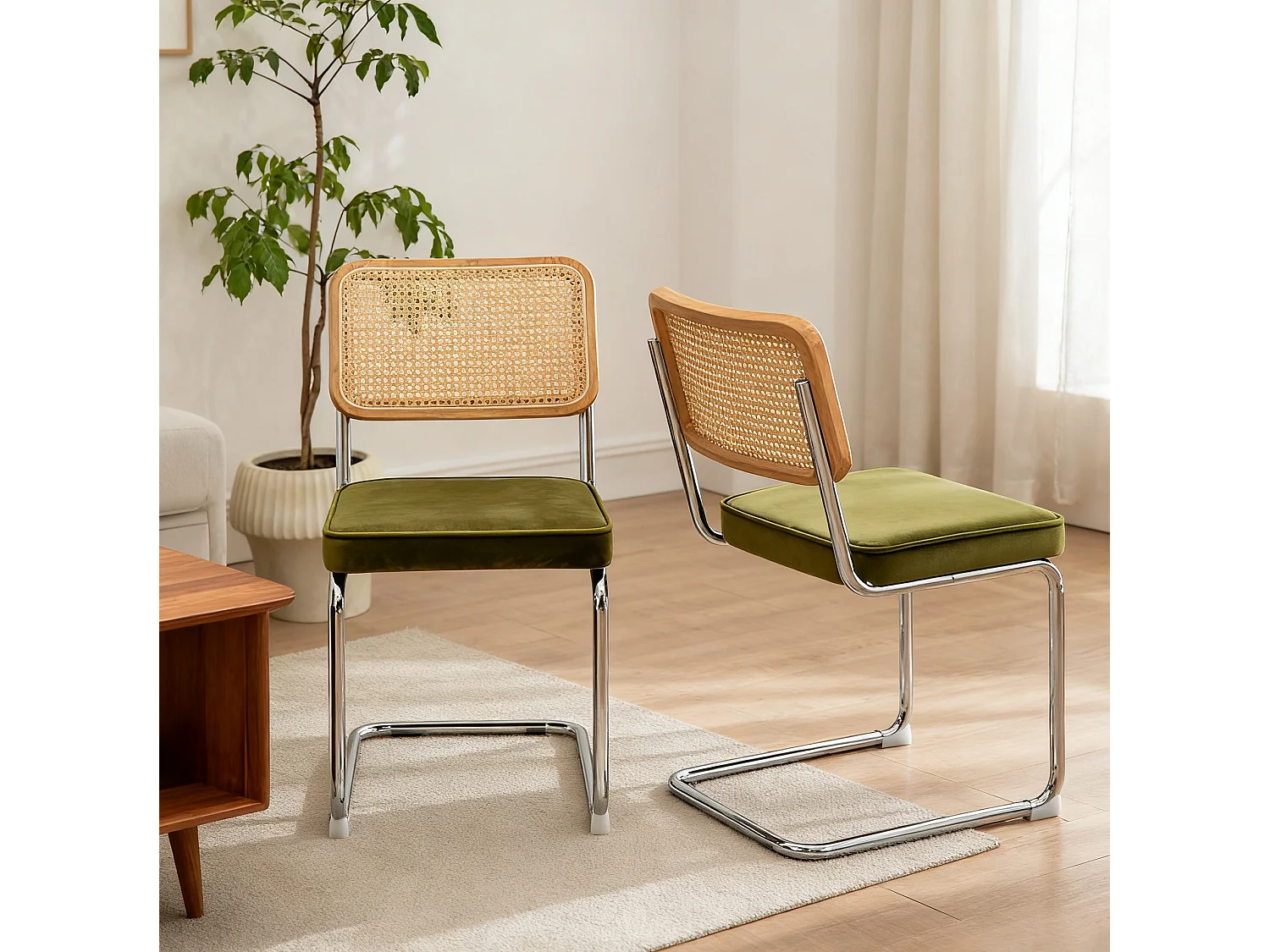 Lot de 2 chaises de salle à manger en rotin et velours - Pieds chromés - Vert