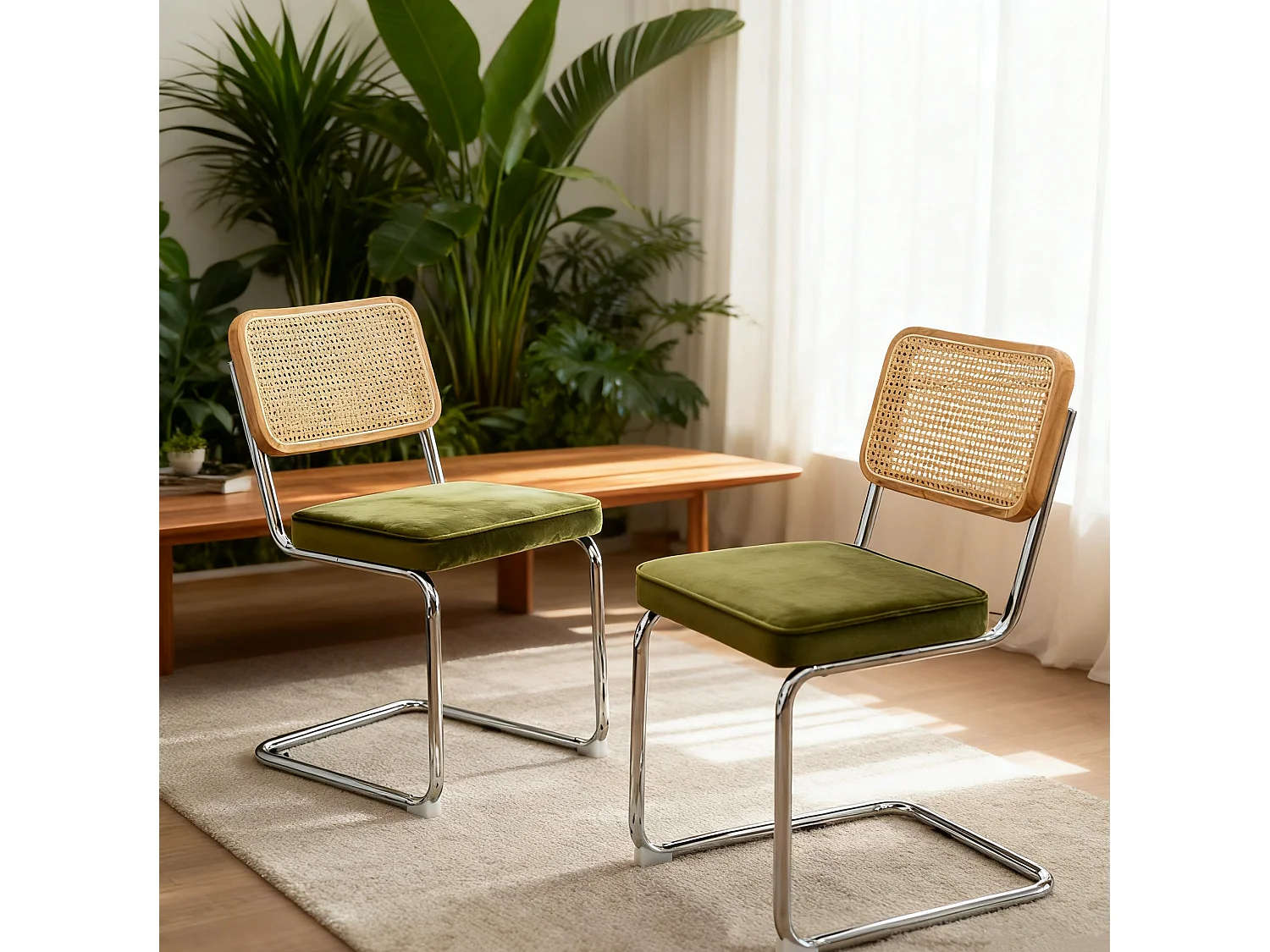 Lot de 2 chaises de salle à manger en rotin et velours - Pieds chromés - Vert