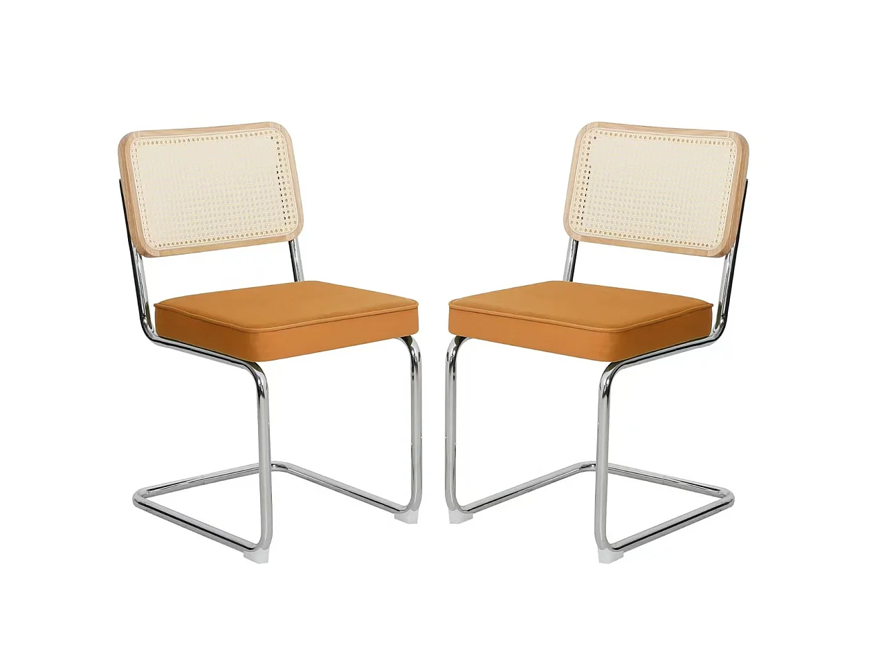 Lot de 2 chaises de salle à manger en rotin et velours - Pieds chromés - Couleur orange