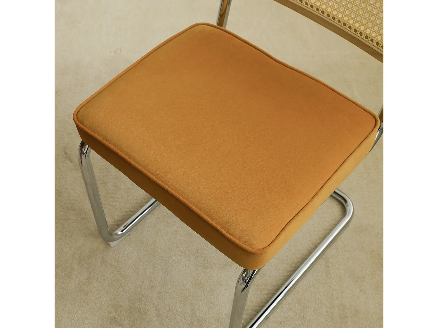 Lot de 2 chaises de salle à manger en rotin et velours - Pieds chromés - Couleur orange