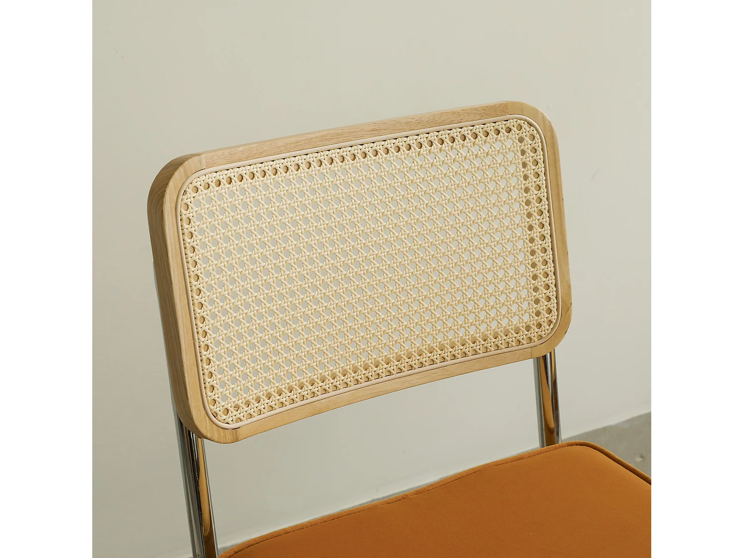 Lot de 2 chaises de salle à manger en rotin et velours - Pieds chromés - Couleur orange
