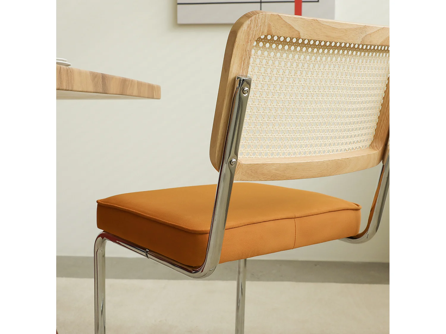 Lot de 2 chaises de salle à manger en rotin et velours - Pieds chromés - Couleur orange