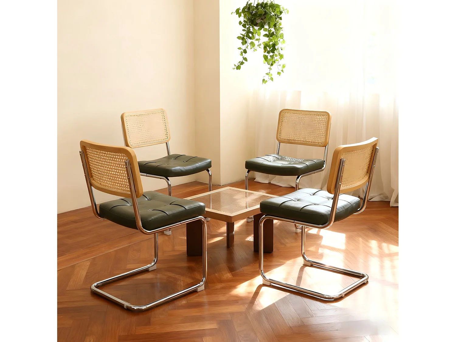 Conjunto de 4 cadeiras em pele sintética com pés cromados - Para sala de jantar, sala de estar ou cozinha - Verde