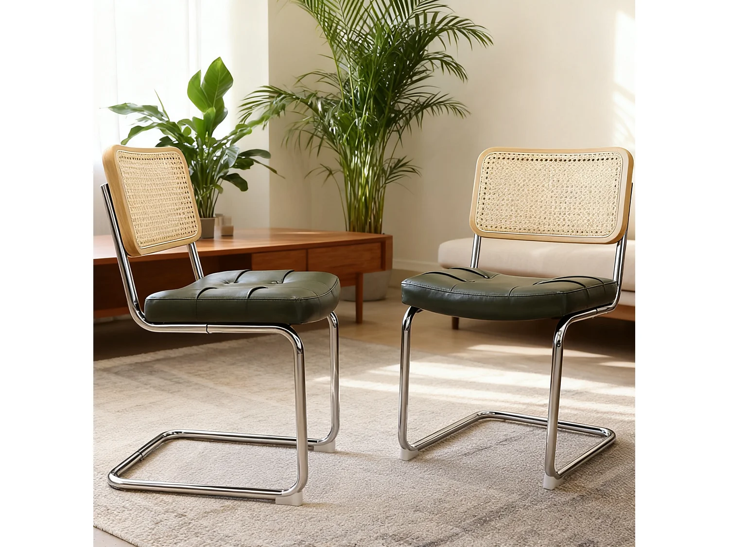 Conjunto de 4 cadeiras em pele sintética com pés cromados - Para sala de jantar, sala de estar ou cozinha - Verde