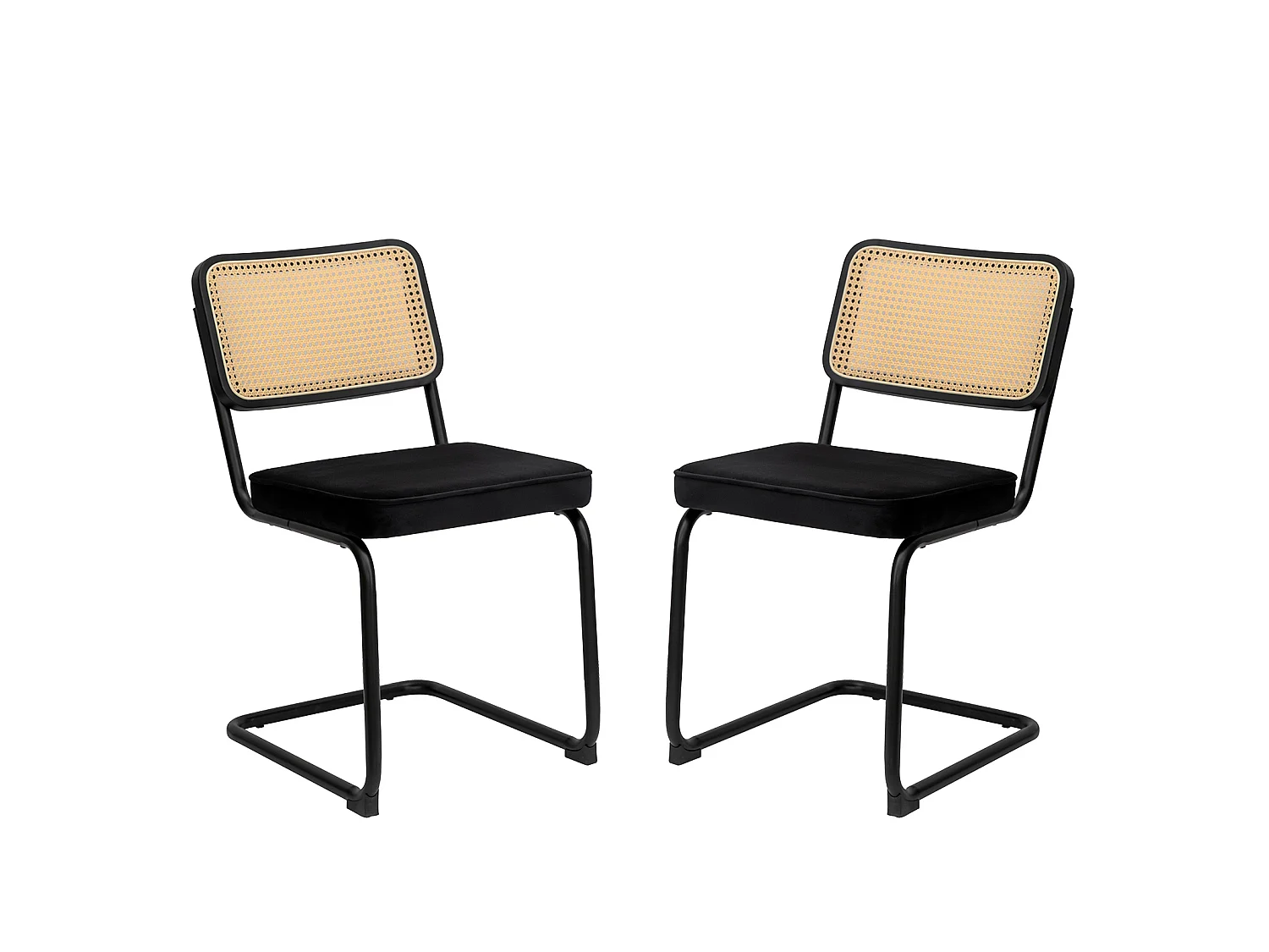 Lot de 4 chaises avec pieds chromés - Velours et rotin - Noir