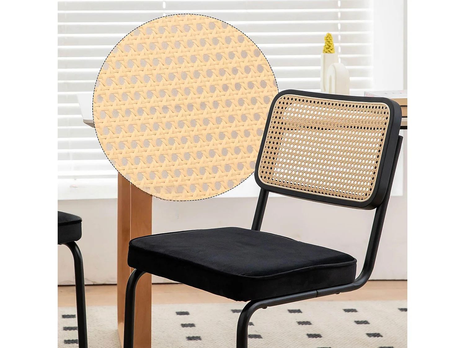 Lot de 4 chaises avec pieds chromés - Velours et rotin - Noir