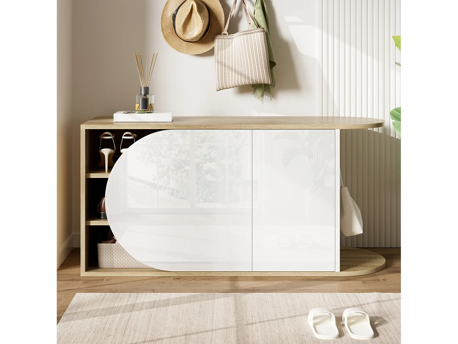 Meuble à chaussures avec 2 portes laqué brillant - Blanc et naturel 104 × 37 × 50 cm