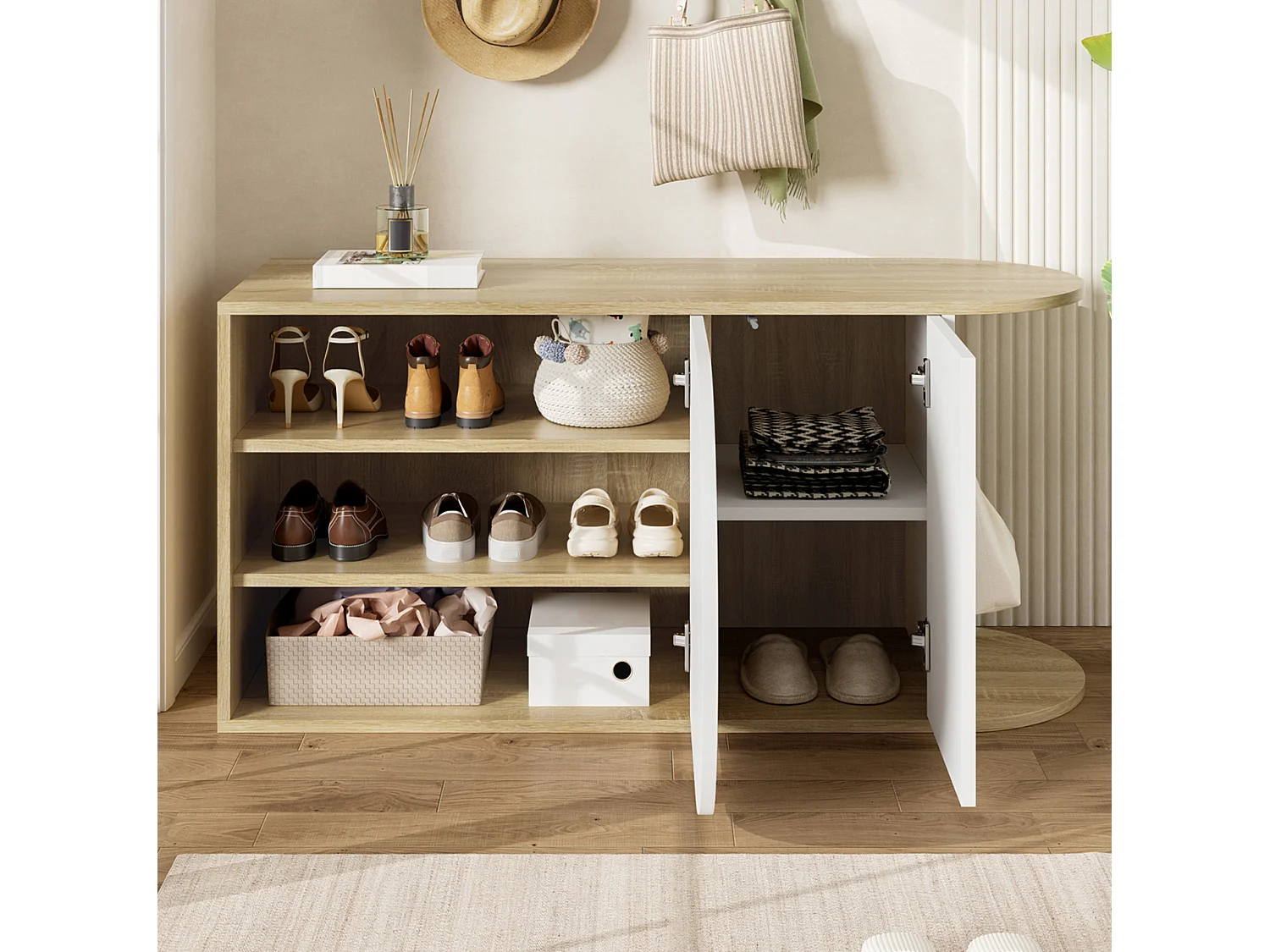 Meuble à chaussures avec 2 portes laqué brillant - Blanc et naturel 104 × 37 × 50 cm