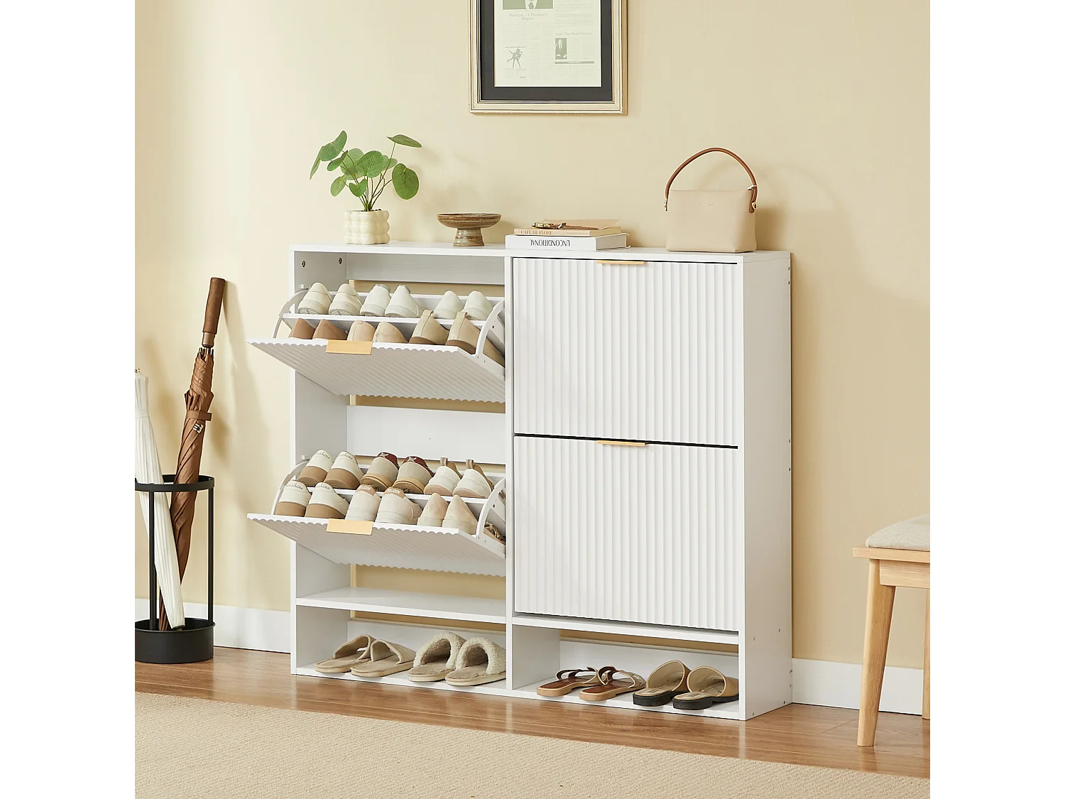 Meuble à chaussures 110.9x24.1x120 cm avec 4 abattants et étagères réglables - Blanc