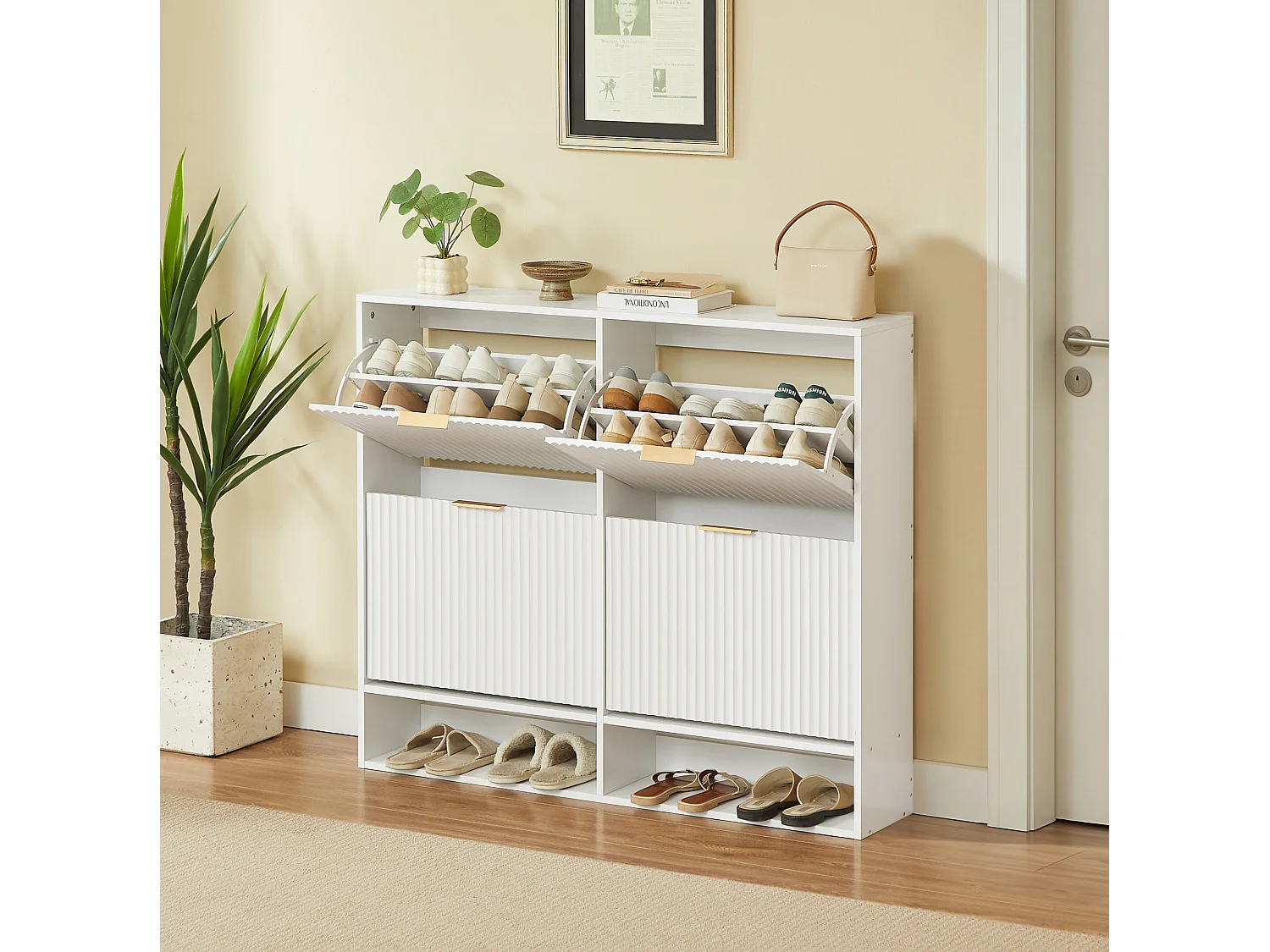 Meuble à chaussures 110.9x24.1x120 cm avec 4 abattants et étagères réglables - Blanc