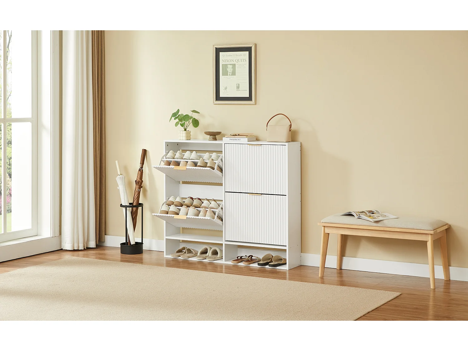 Meuble à chaussures 110.9x24.1x120 cm avec 4 abattants et étagères réglables - Blanc