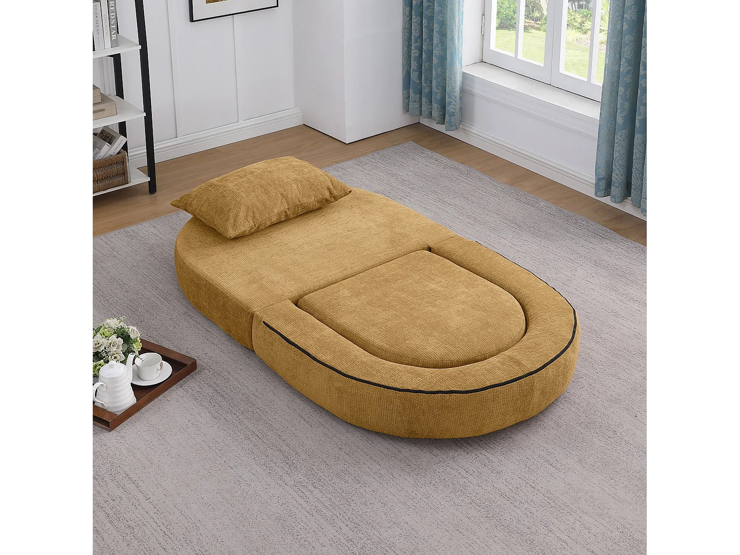 Sillón convertible en chenilla amarilla - Estilo minimalista, no requiere montaje