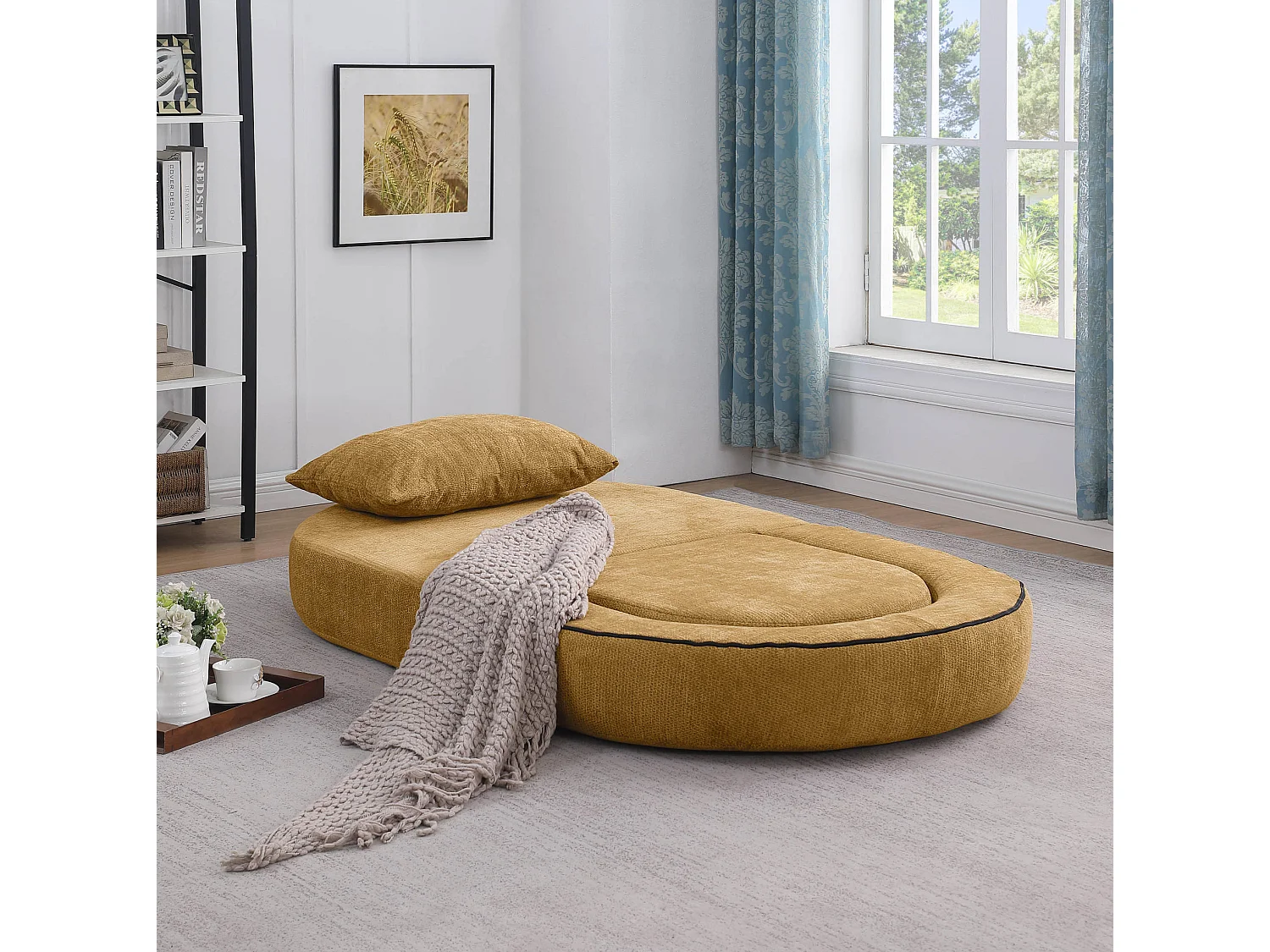 Sillón convertible en chenilla amarilla - Estilo minimalista, no requiere montaje