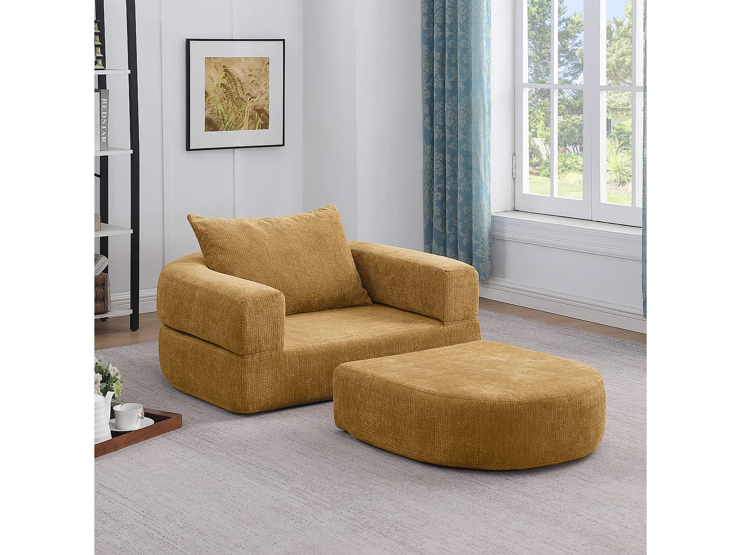 Sillón convertible en chenilla amarilla - Estilo minimalista, no requiere montaje