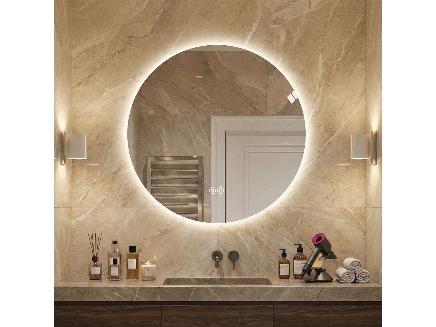 Miroir de salle de bain LED rond de 80 cm avec antibuée et 3 couleurs d'éclairage