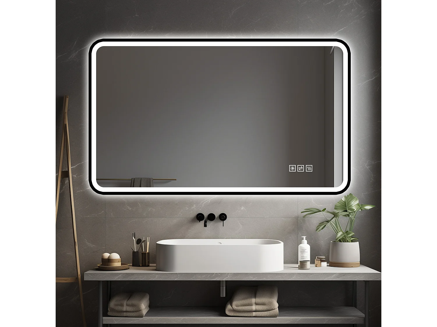 Miroir de salle de bain LED 70×90 cm avec cadre en aluminium noir - Antibuée et 3 teintes d'éclairage