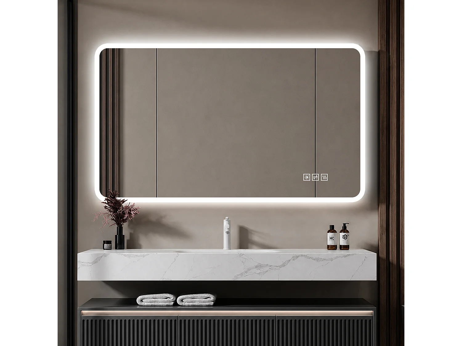 Miroir de salle de bain LED 60 × 120 cm avec bordure en verre dépoli - Antibuée et 3 couleurs d'éclairage