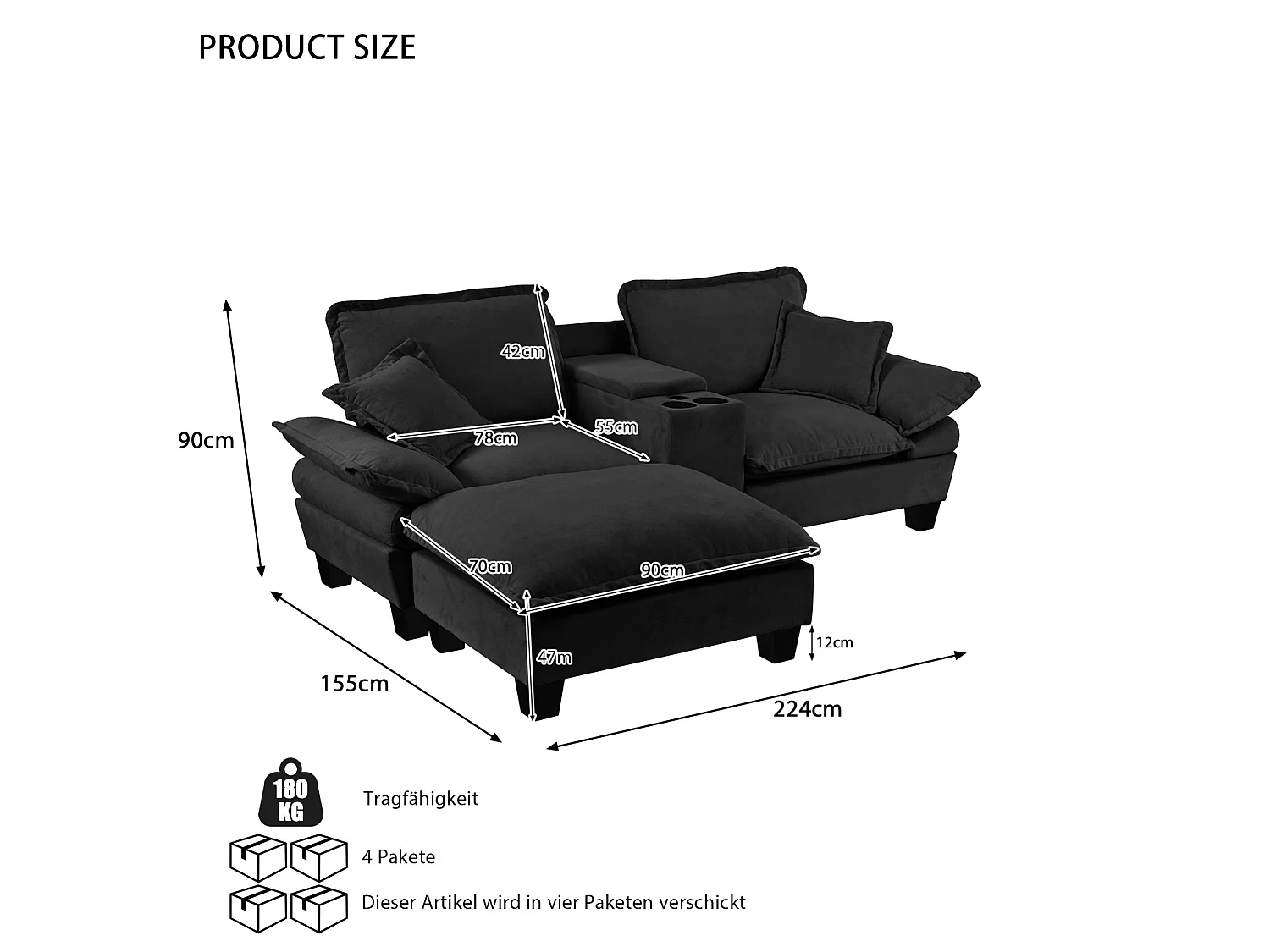2-sits soffa med USB, fotpall och mugghållare - Svart Chenilletyg