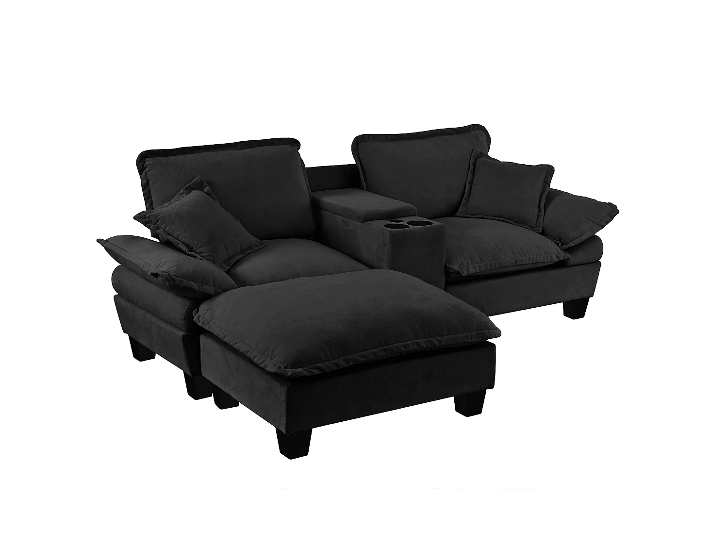 2-sits soffa med USB, fotpall och mugghållare - Svart Chenilletyg