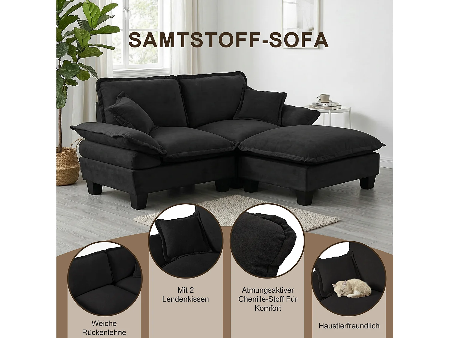 2-sits soffa med USB, fotpall och mugghållare - Svart Chenilletyg