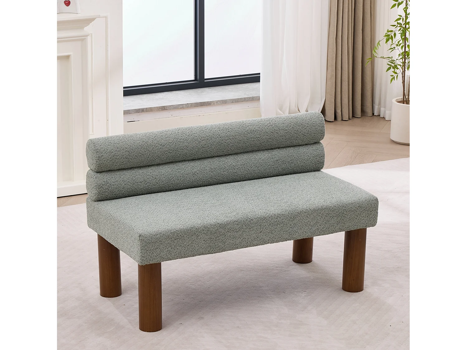 Banc 116 x 59 x 72 cm en tissu bouclé vert sauge avec cadre en bois
