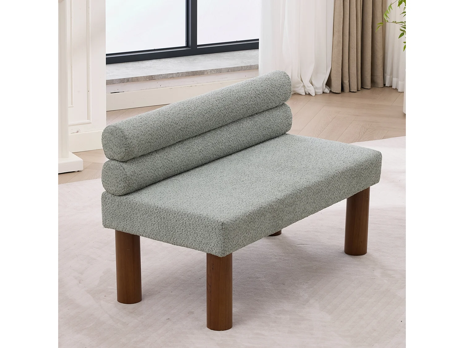 Banc 116 x 59 x 72 cm en tissu bouclé vert sauge avec cadre en bois