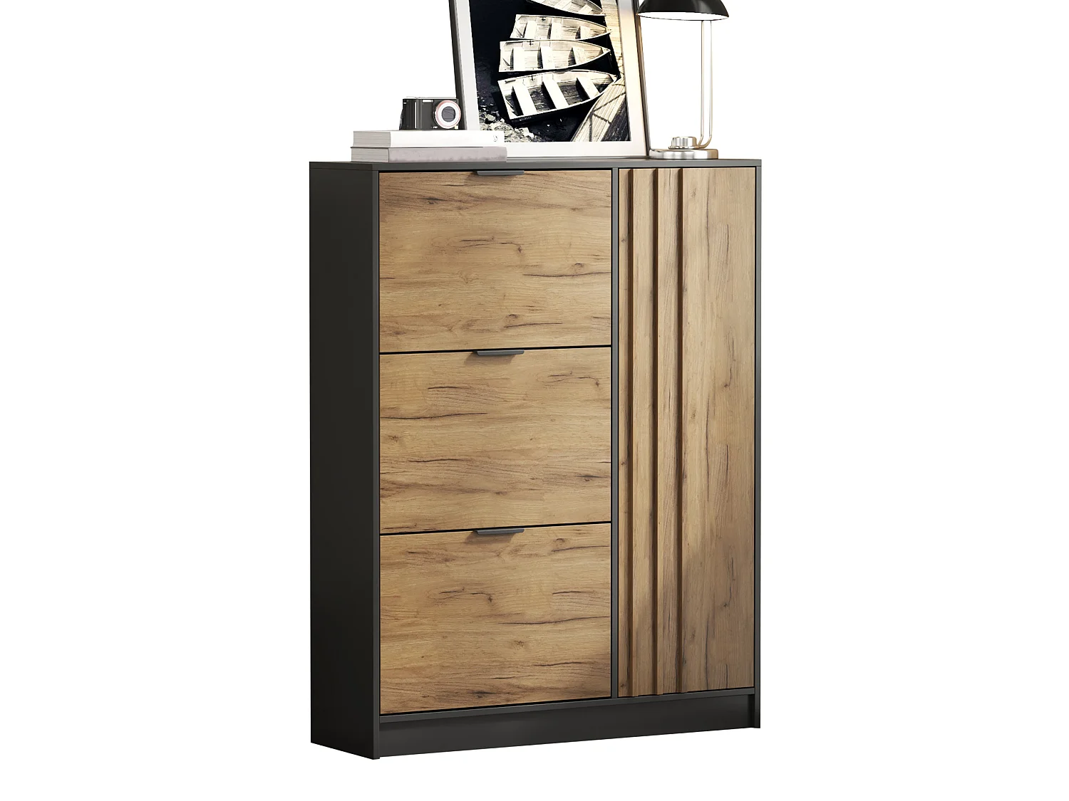 Meuble à chaussures avec 3 portes à battant - Noir et bois 100x30x130cm