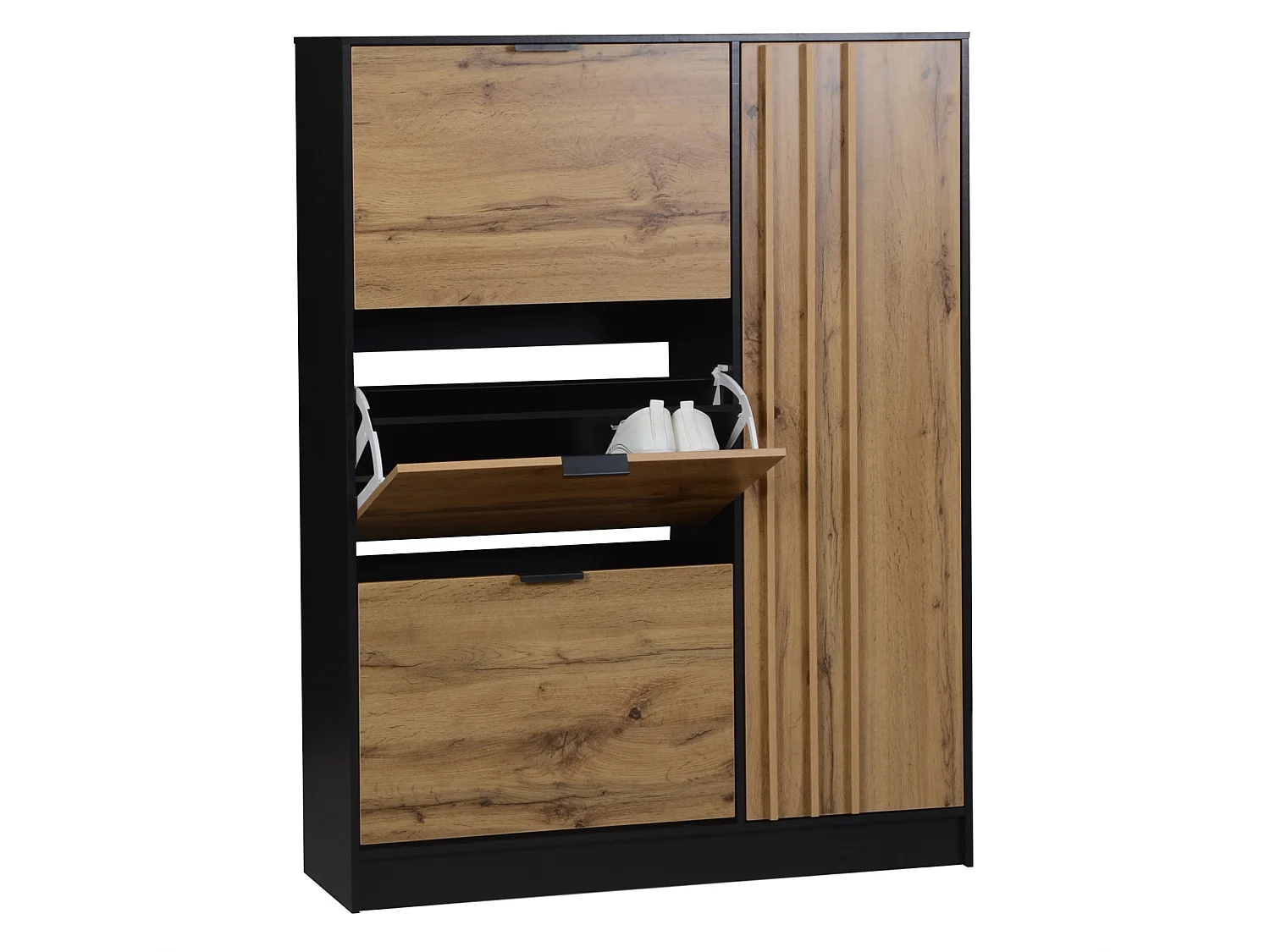 Meuble à chaussures avec 3 portes à battant - Noir et bois 100x30x130cm