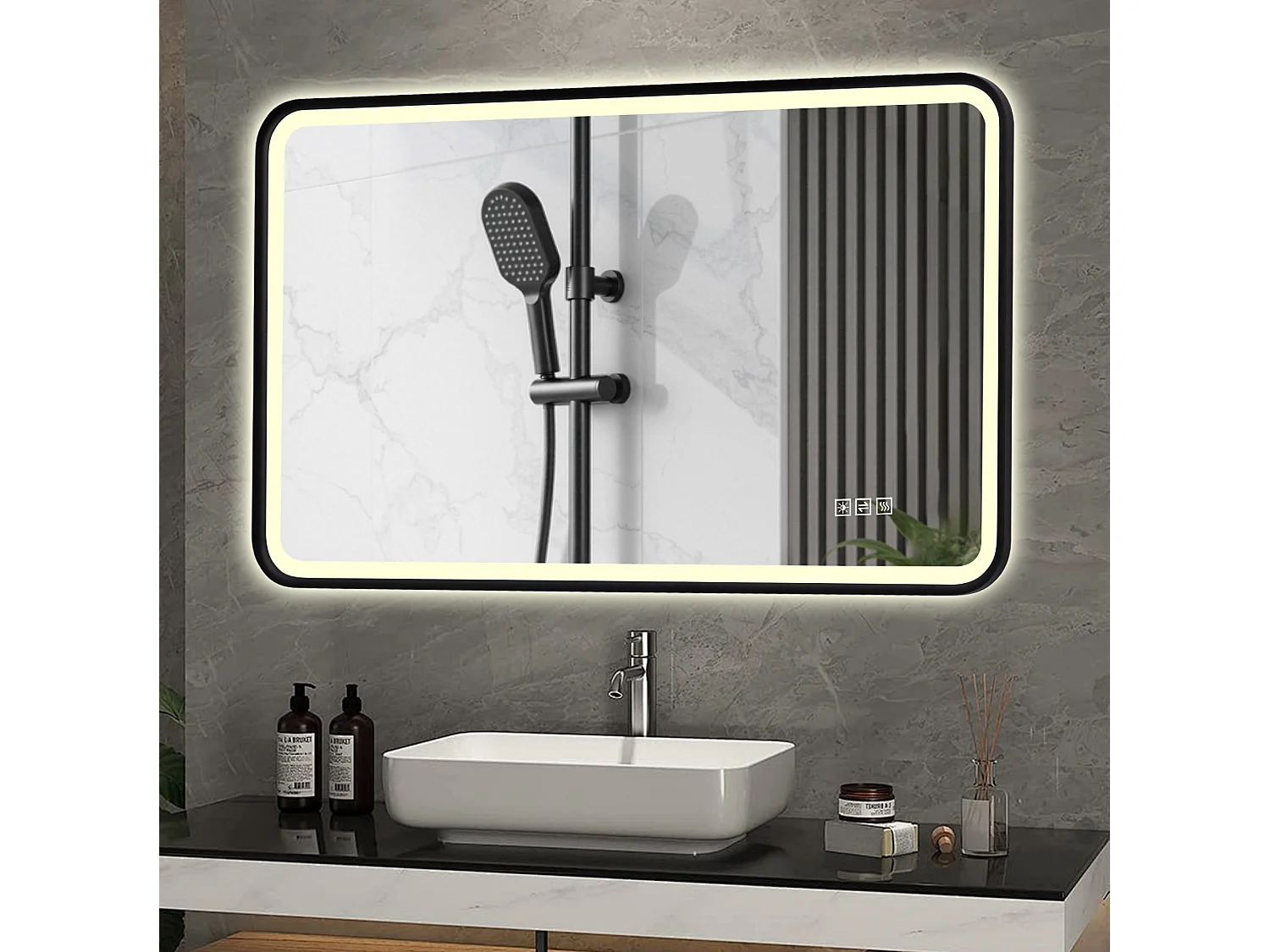 Miroir de salle de bain LED 60 × 100 cm avec cadre en aluminium noir - Antibuée et 3 teintes d'éclairage