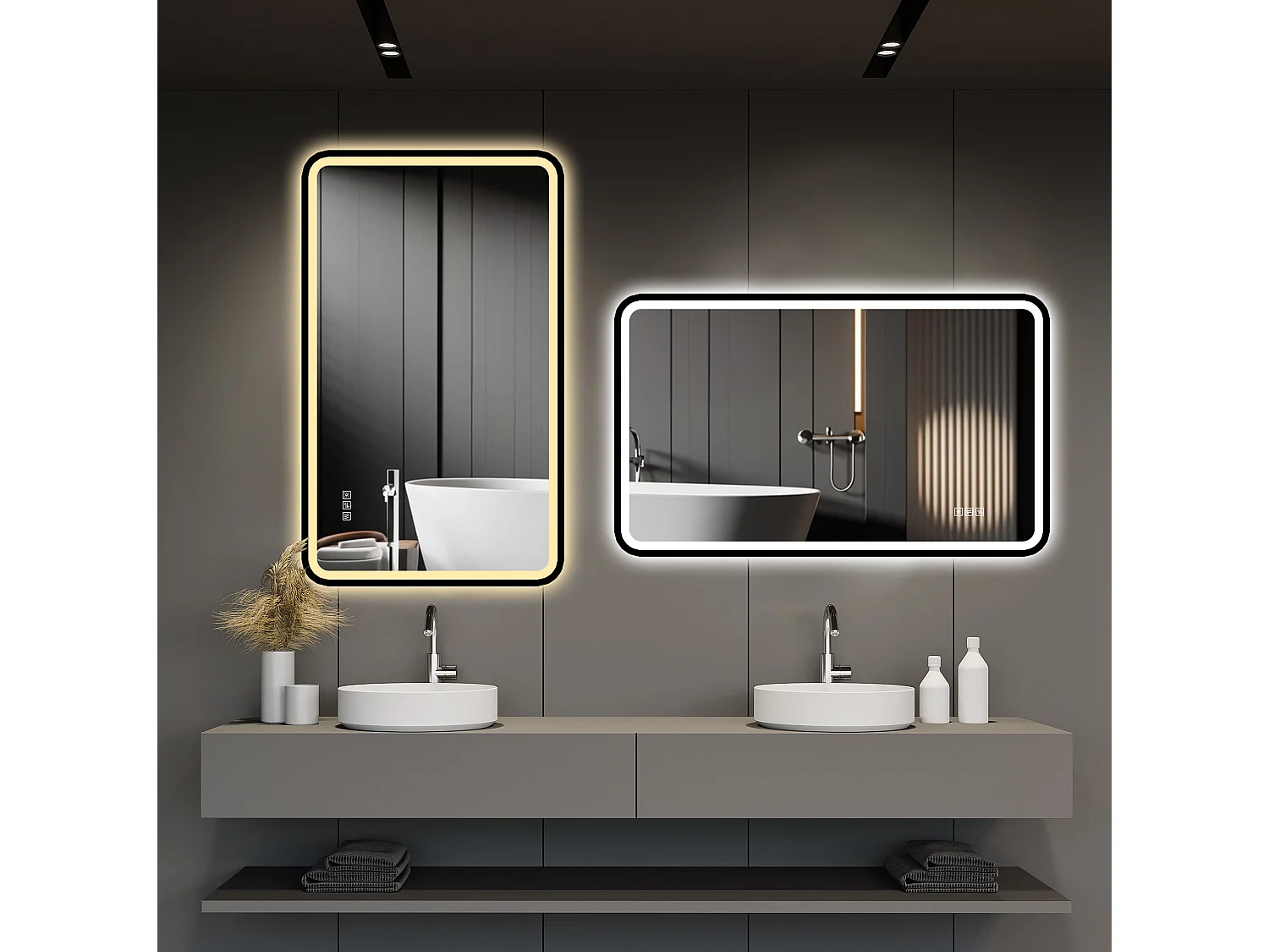 Miroir de salle de bain LED 60 × 100 cm avec cadre en aluminium noir - Antibuée et 3 teintes d'éclairage