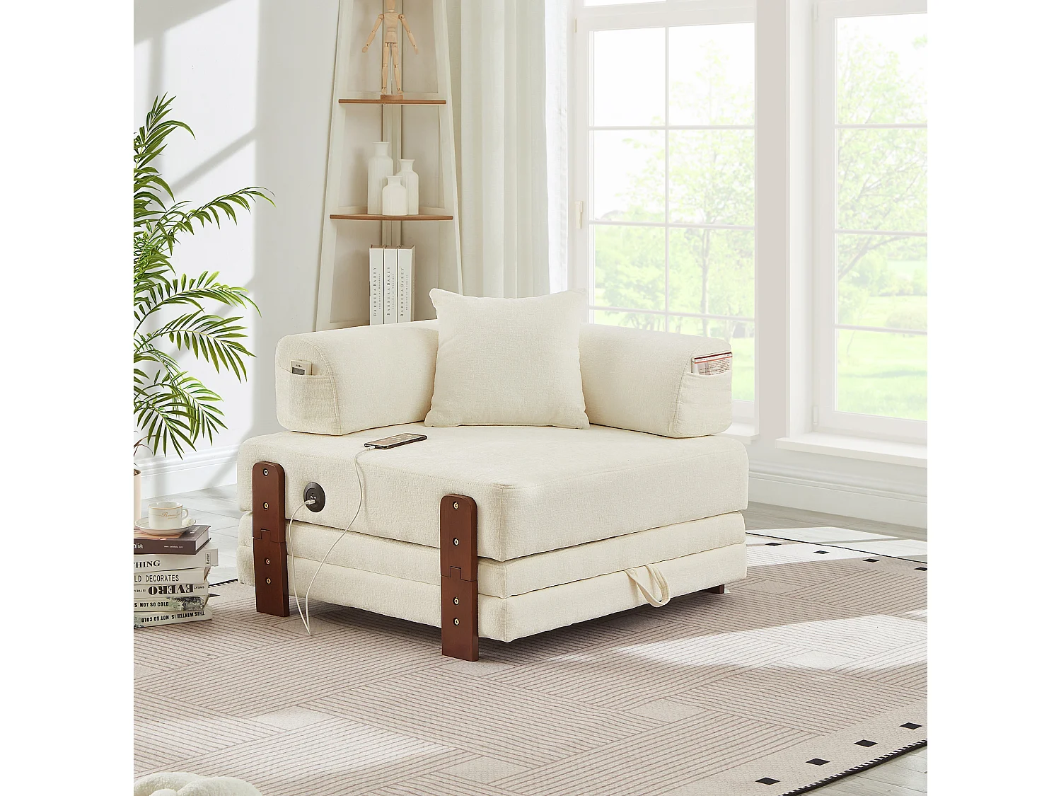 Canapé convertible pliant 2-en-1 avec USB, Type-C et rangement - Tissu beige