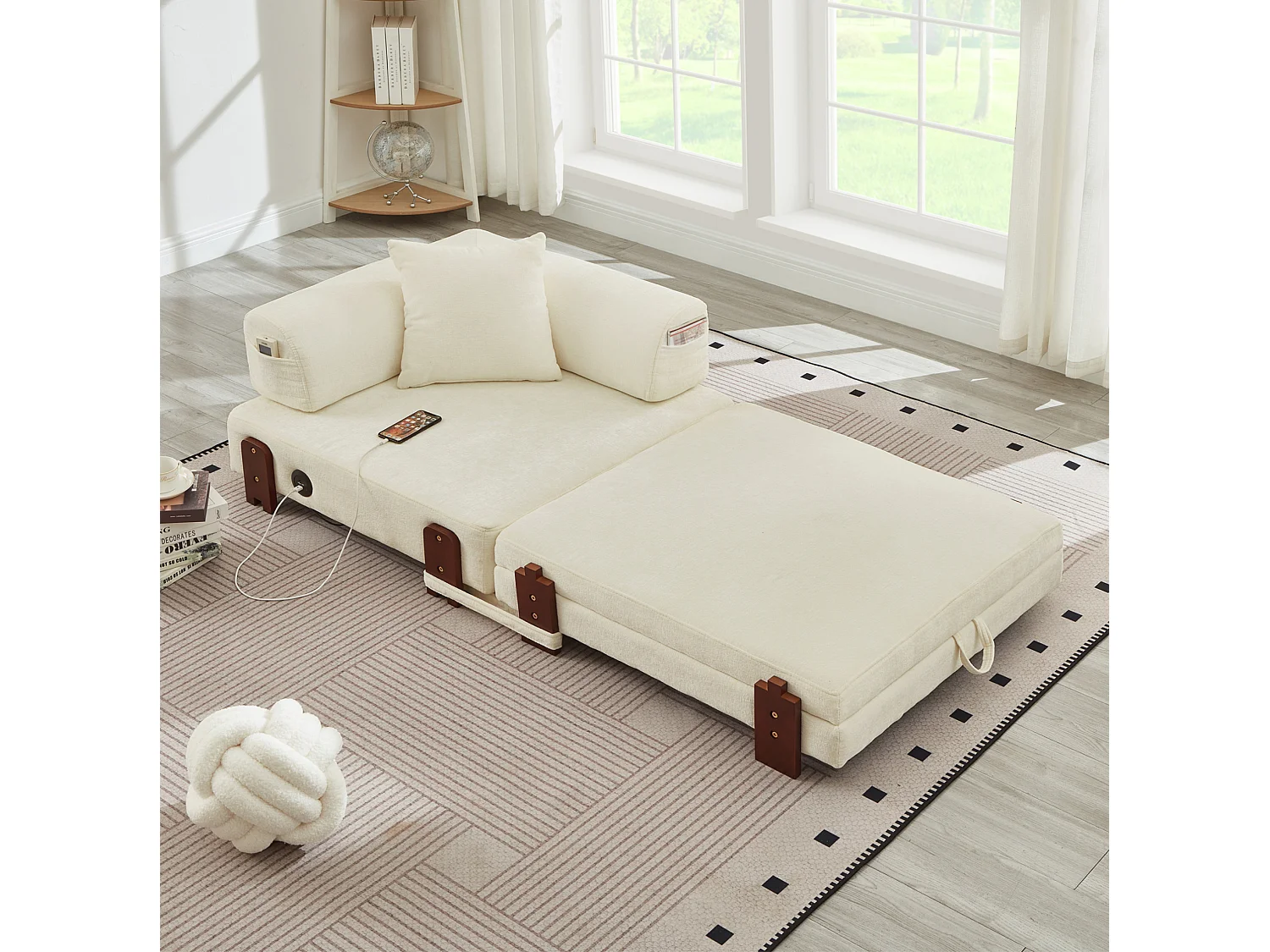 Canapé convertible pliant 2-en-1 avec USB, Type-C et rangement - Tissu beige