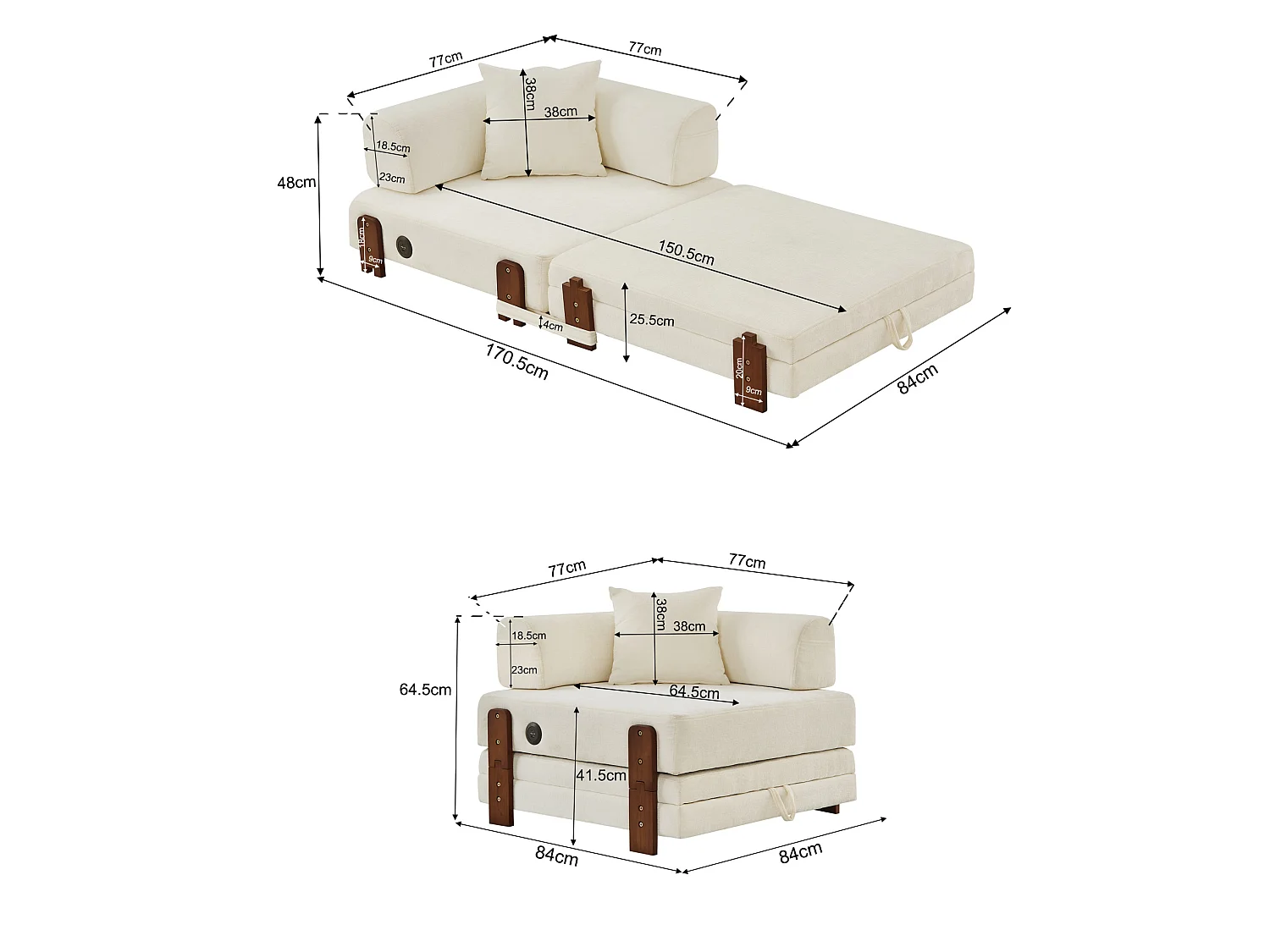 Canapé convertible pliant 2-en-1 avec USB, Type-C et rangement - Tissu beige