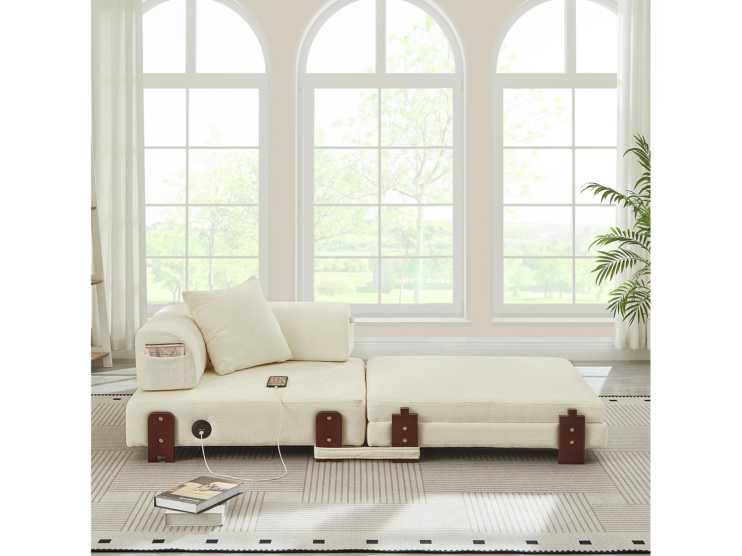 Canapé convertible pliant 2-en-1 avec USB, Type-C et rangement - Tissu beige