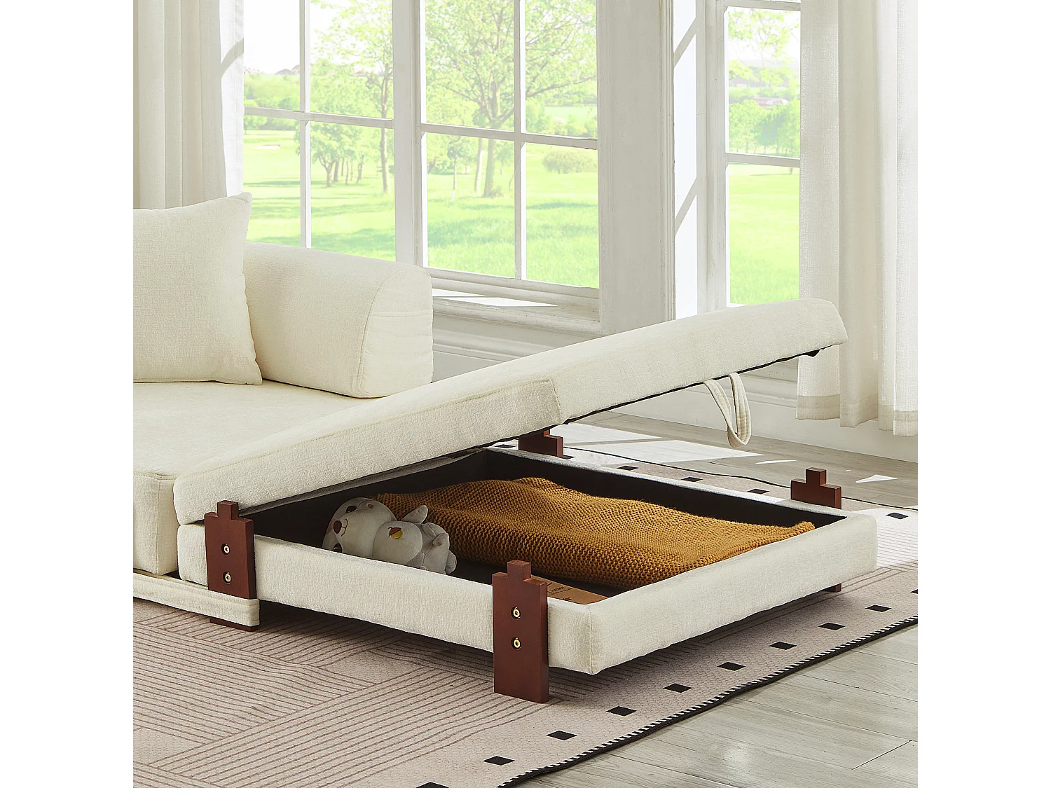 Canapé convertible pliant 2-en-1 avec USB, Type-C et rangement - Tissu beige