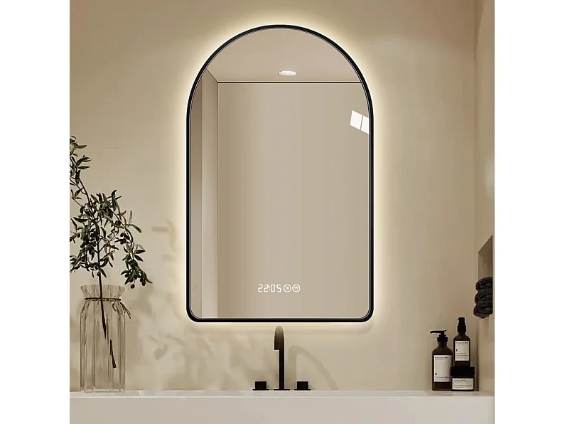 Miroir de salle de bain LED arqué 60 x 120 cm - Antibuée, intensité variable - Cadre noir