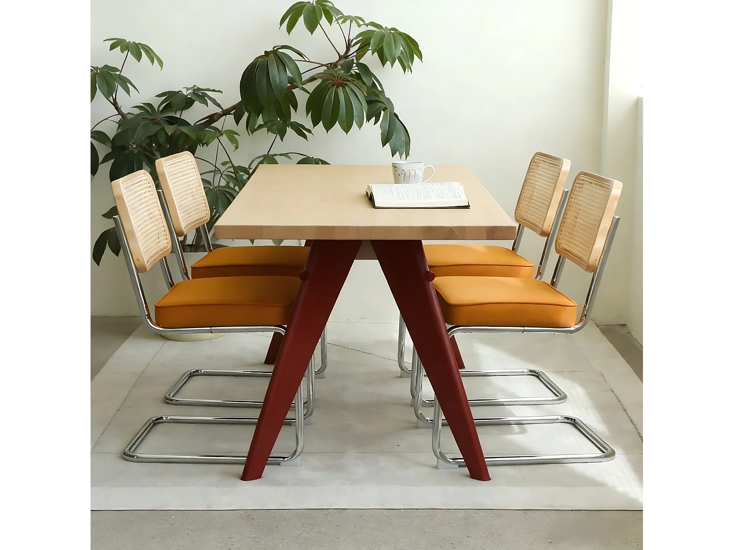 Lot de 4 chaises avec pieds chromés - Velours et rotin - Couleur orange