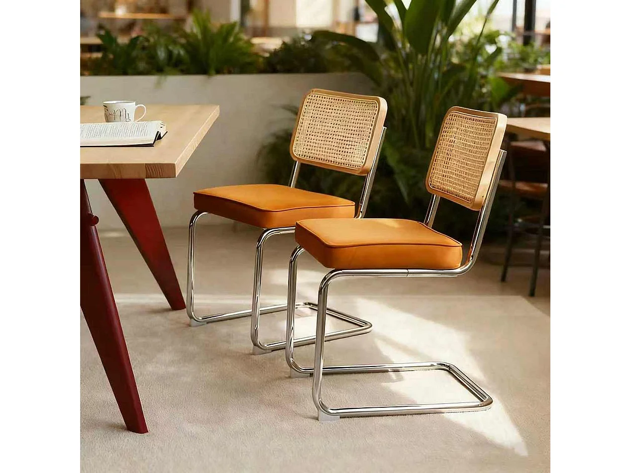 Lot de 4 chaises avec pieds chromés - Velours et rotin - Couleur orange