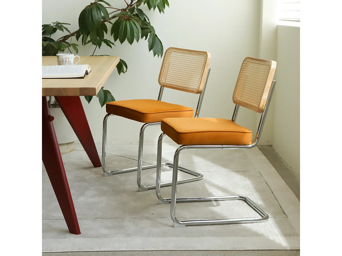 Lot de 4 chaises avec pieds chromés - Velours et rotin - Couleur orange