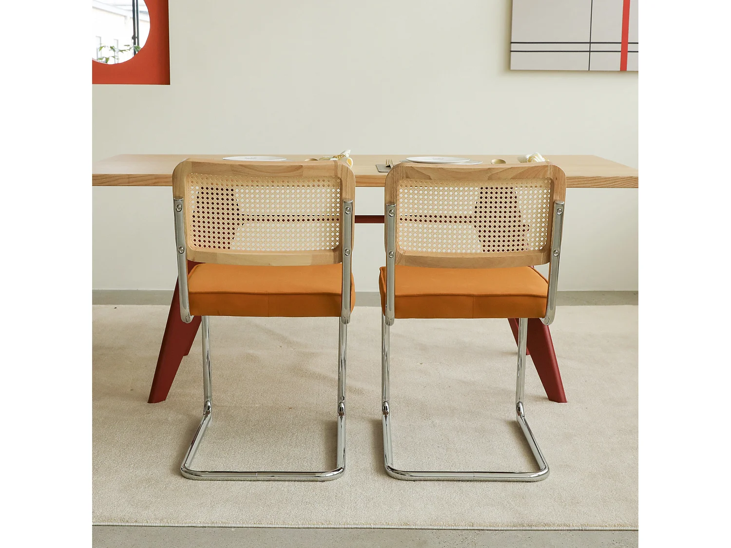Lot de 4 chaises avec pieds chromés - Velours et rotin - Couleur orange