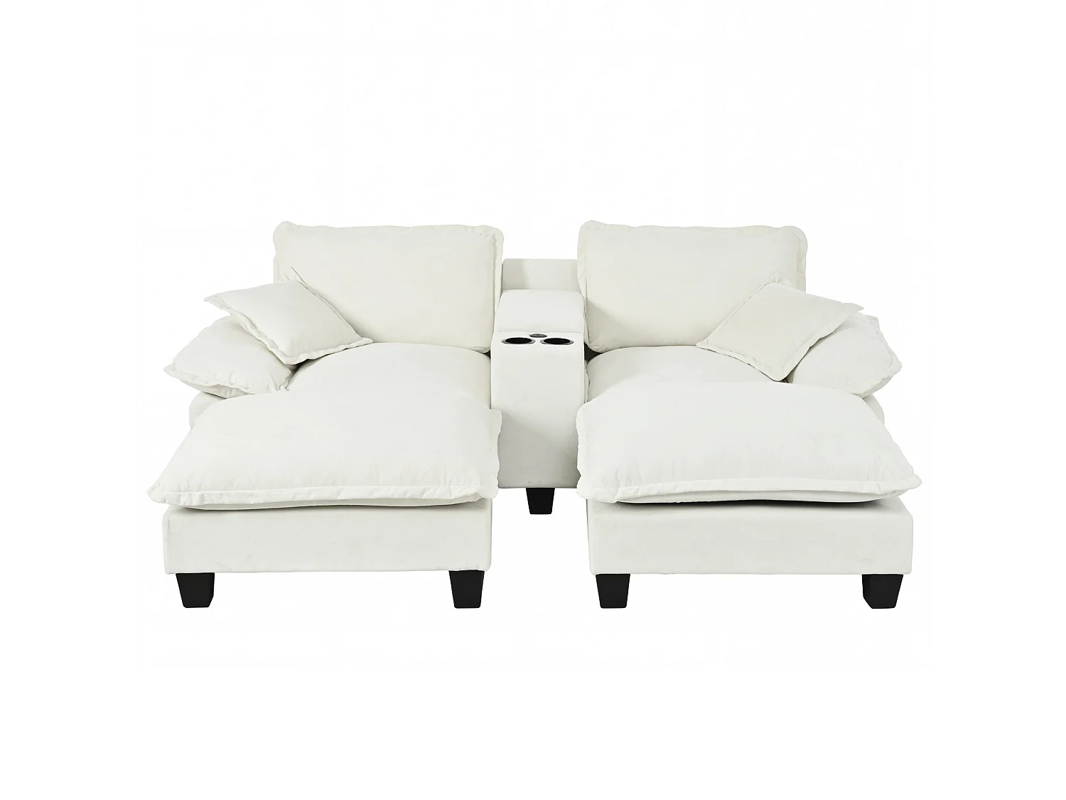 Canapé 2 places avec USB, 2 poufs et porte-gobelets - Chenille beige