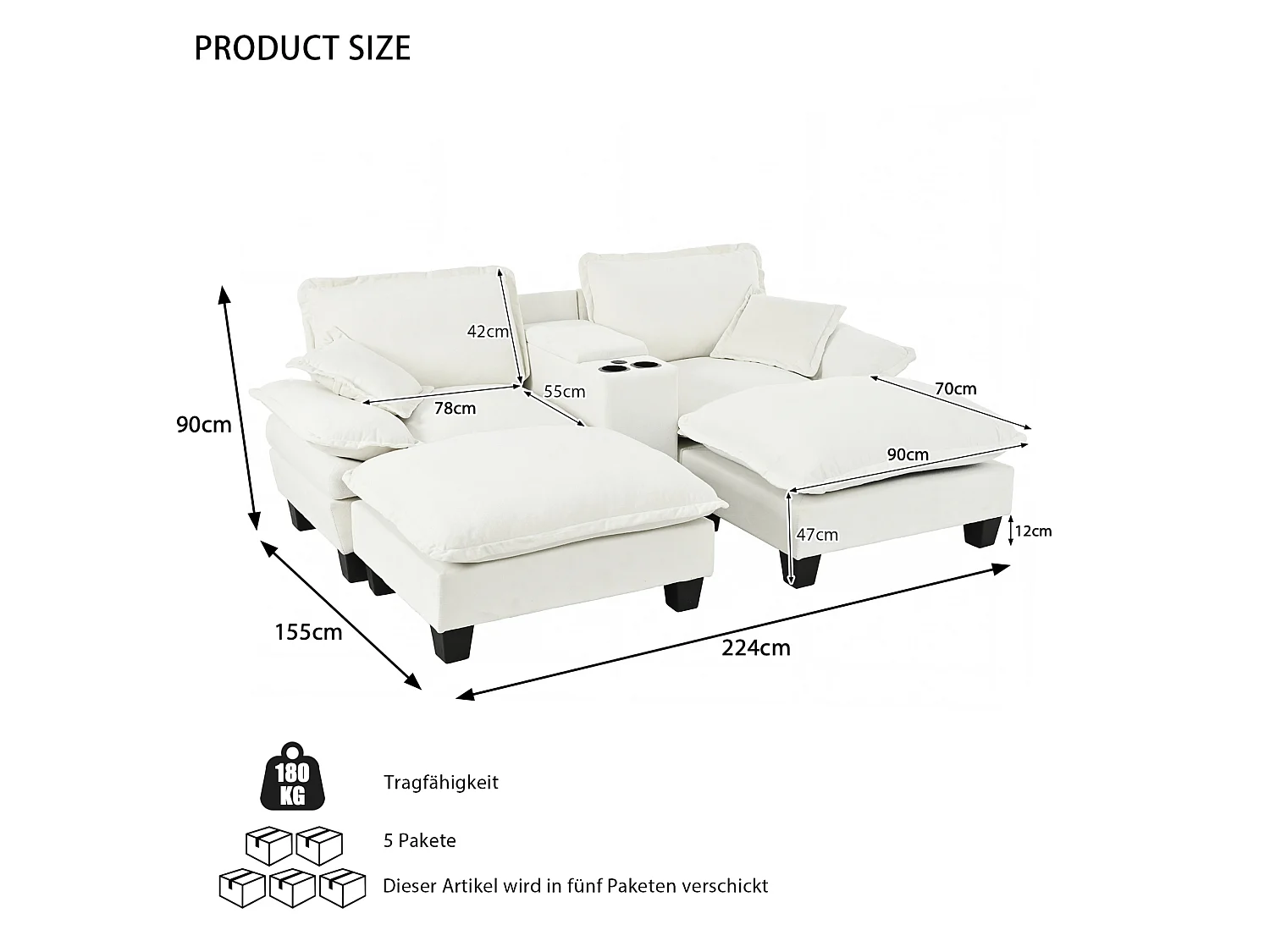 Canapé 2 places avec USB, 2 poufs et porte-gobelets - Chenille beige