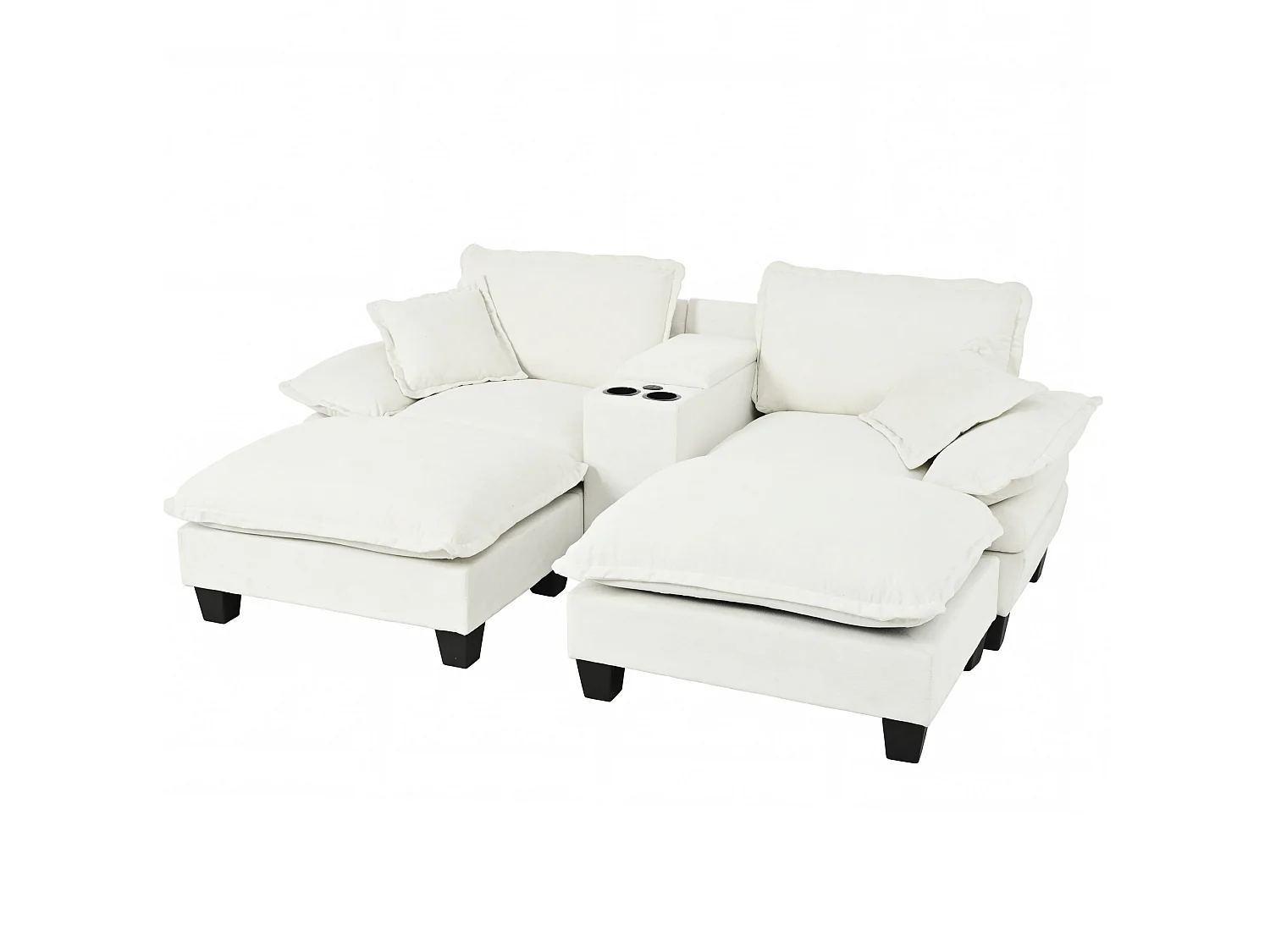 Canapé 2 places avec USB, 2 poufs et porte-gobelets - Chenille beige