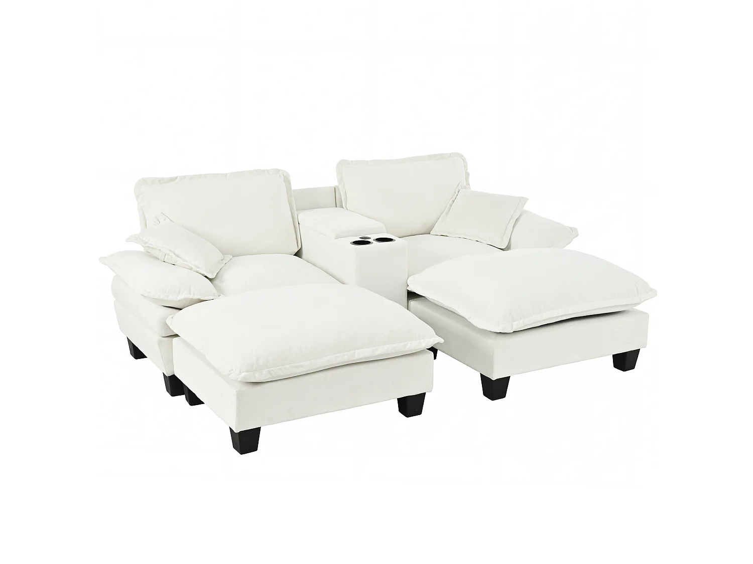 Canapé 2 places avec USB, 2 poufs et porte-gobelets - Chenille beige