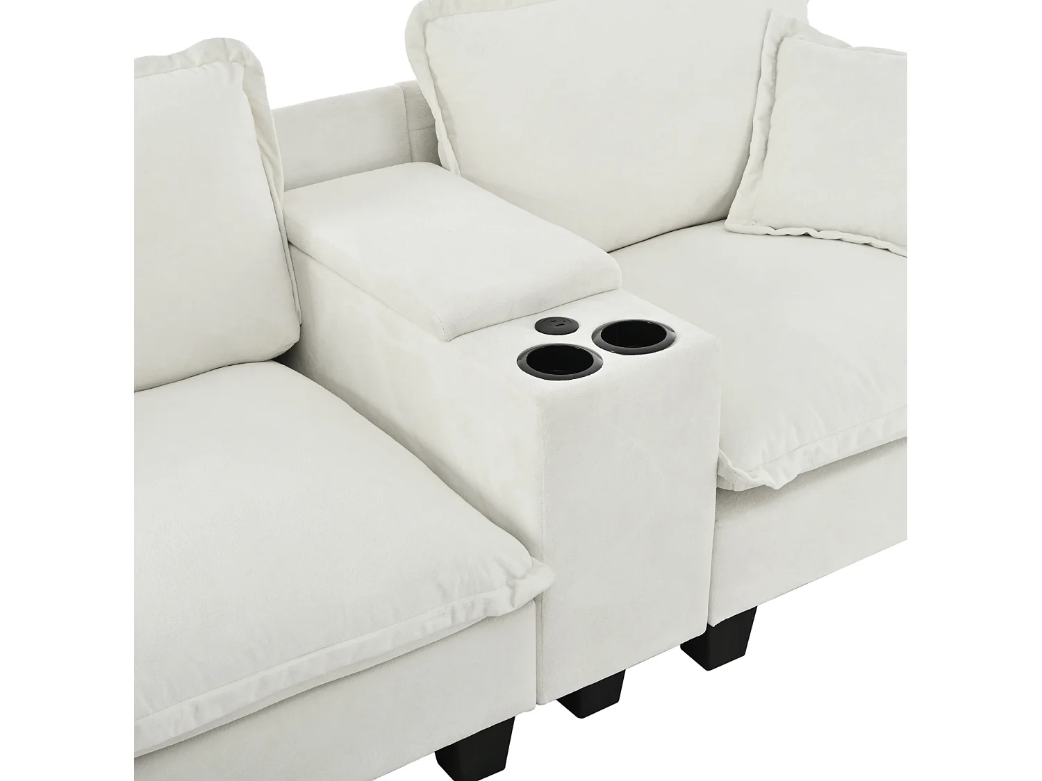 Canapé 2 places avec USB, 2 poufs et porte-gobelets - Chenille beige